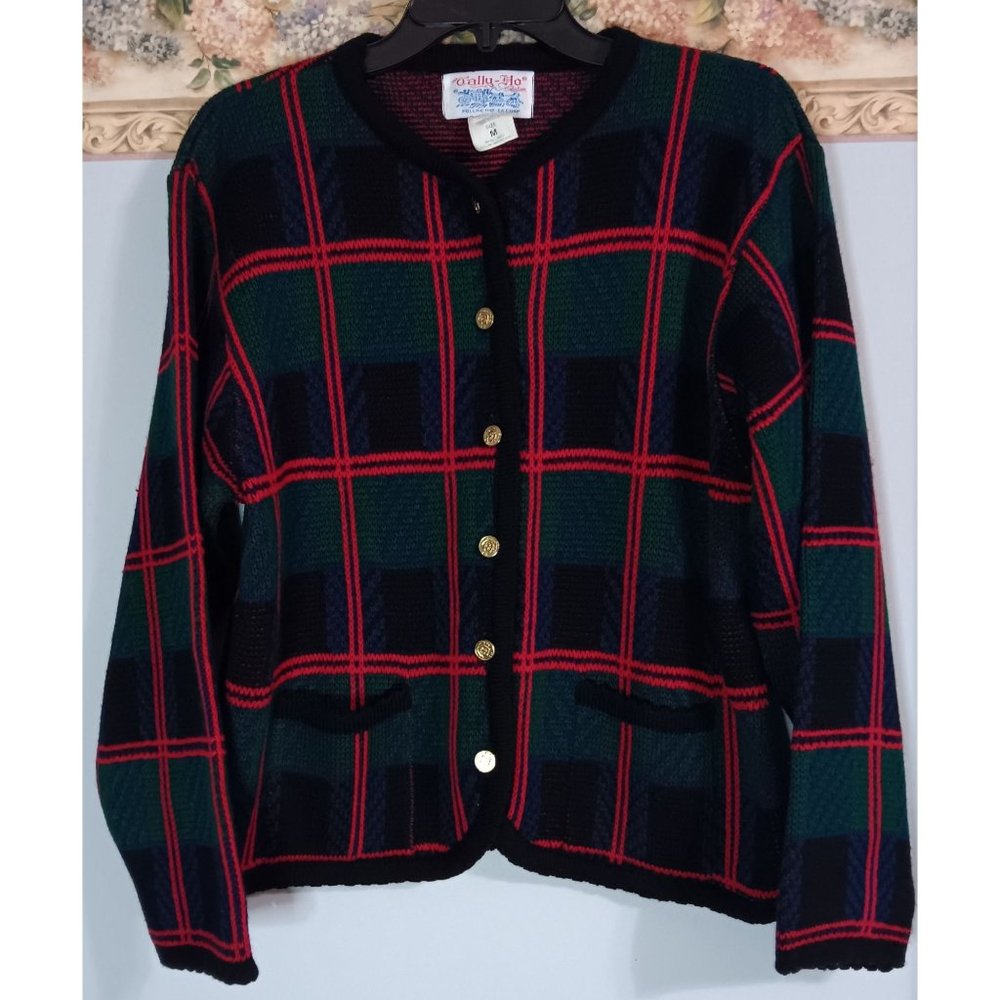 Tally-Ho Creation Medium Vintage Colorful Cottage Outdoor Plaid Cardigan Sweater